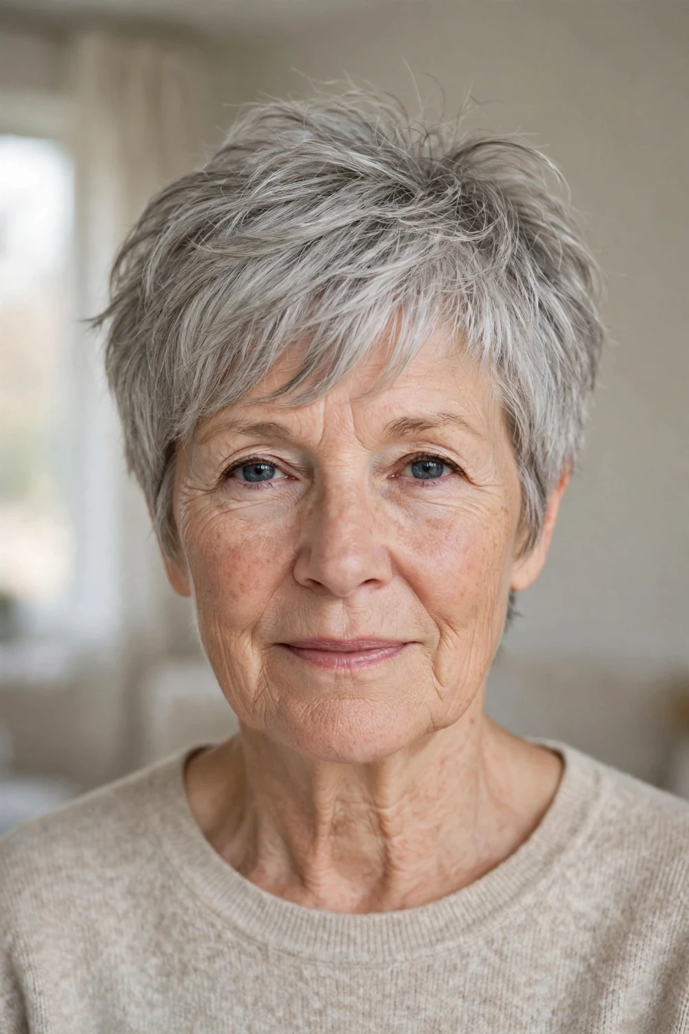 Wispy layered choppy pixie with side fringe on fine gray hair, woman over 50