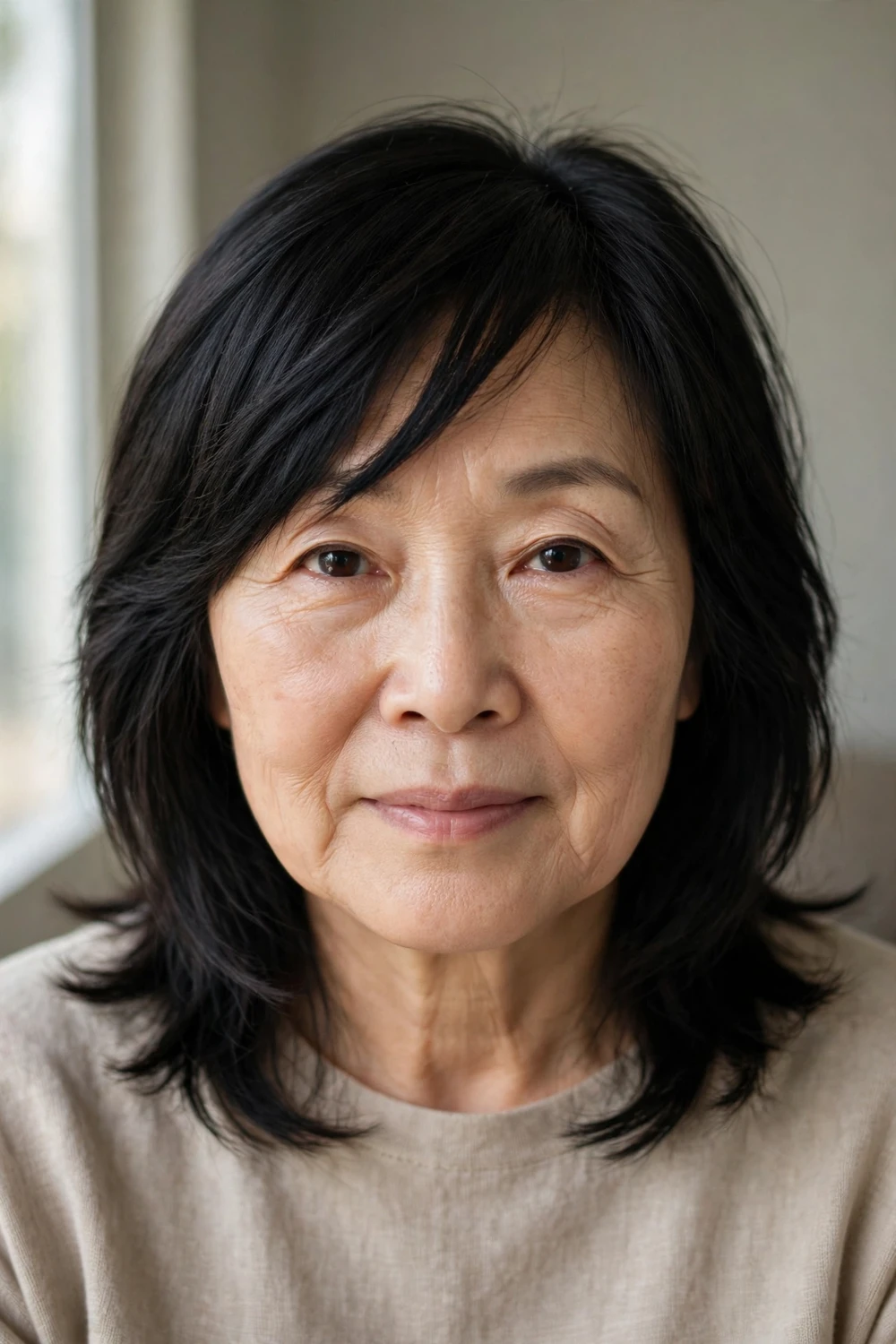 Woman over 50 with angled bangs cut on a diagonal slant on black layered hair