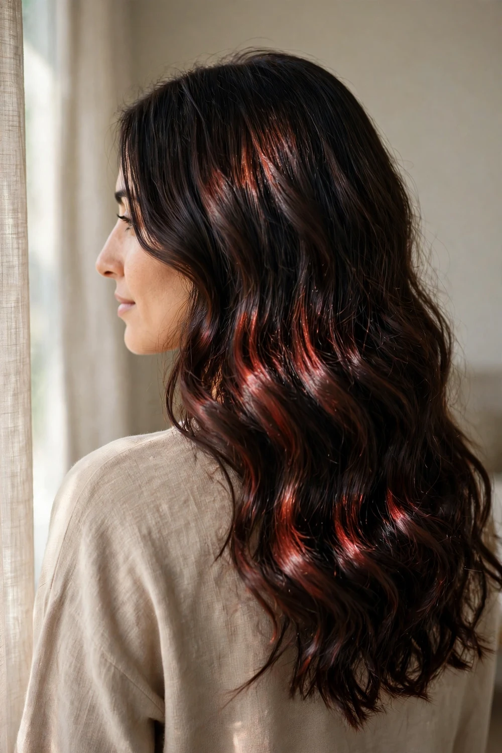 Long loose dark waves with a soft cherry cola shine on the surface layer