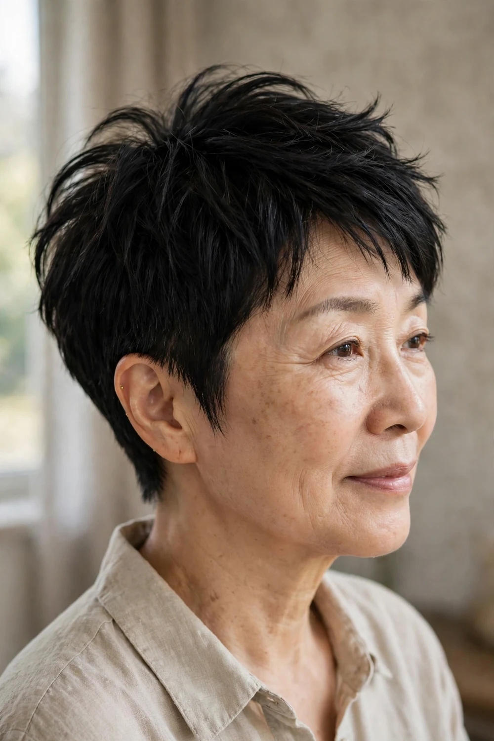 Feathered tapered choppy pixie on fine black hair, woman over 50