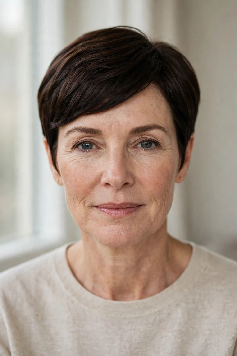 Woman with a polished classic pixie cut with crisp neat edges and a soft side sweep