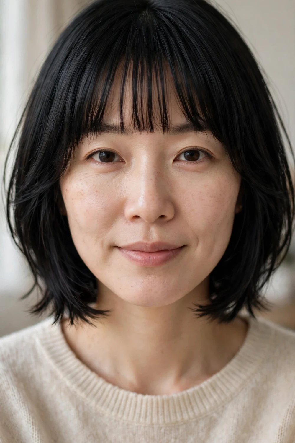 Woman with jet black chin-length hair styled in a soft layered bob with straight blunt bangs