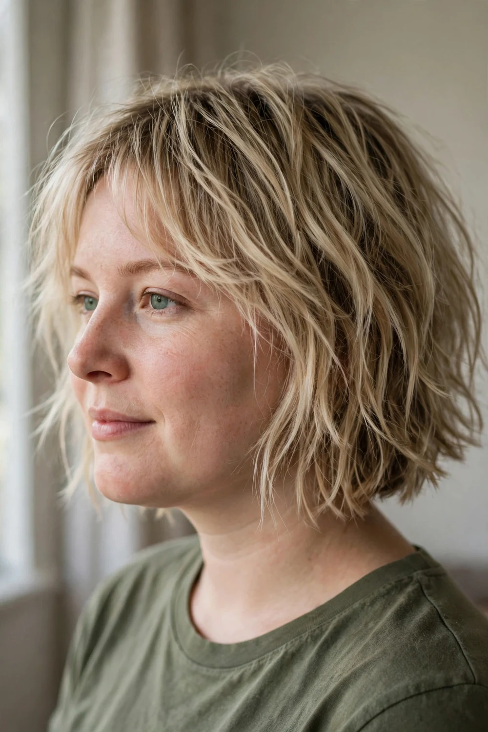 Textured choppy bob with piece-y ends for thin hair and round face