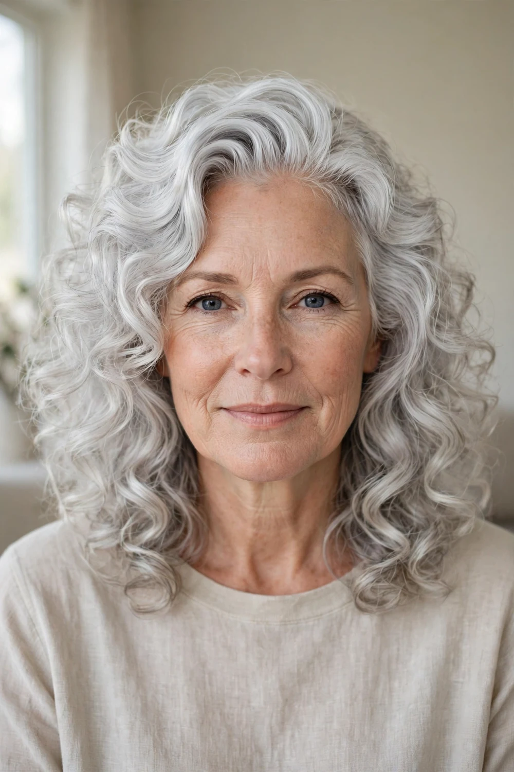 Voluminous silver curly lob with deep side part on a woman over 50
