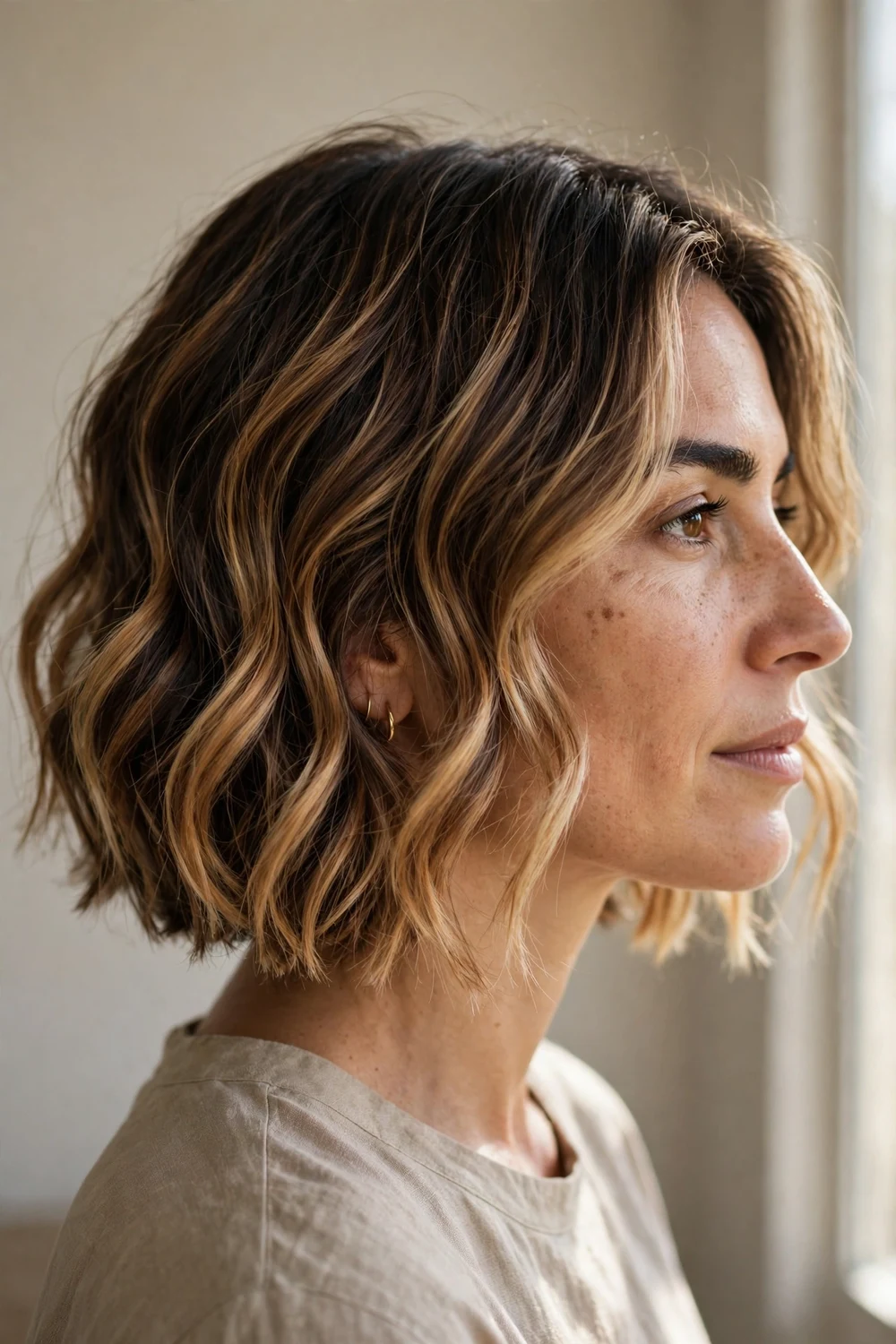 Warm caramel blonde balayage wavy short bob