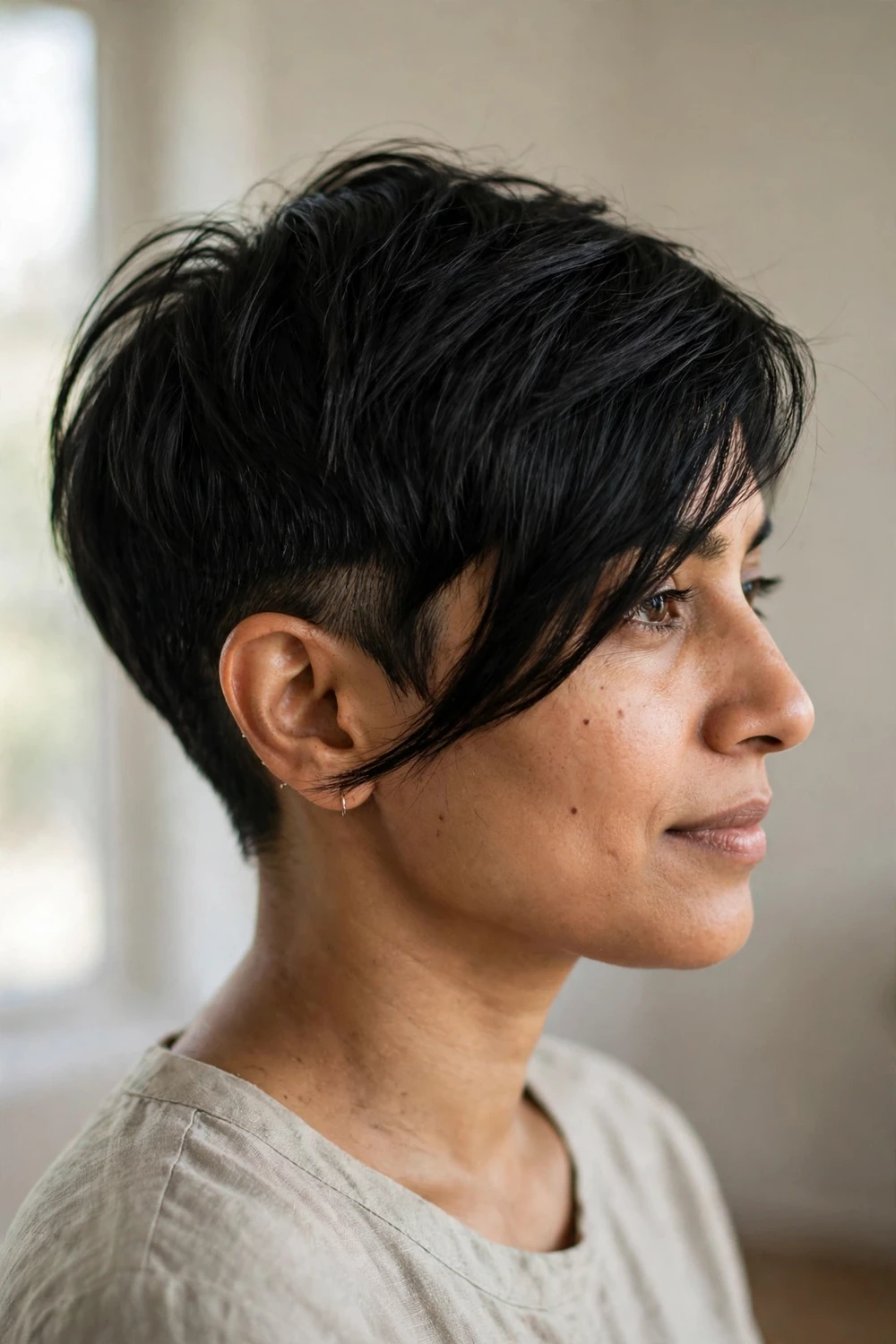 Woman with an asymmetrical pixie cut with one side shorter and the other sweeping across the forehead