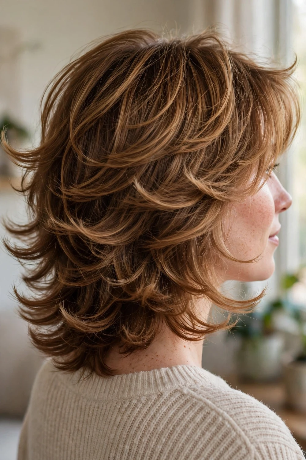 Back view of caramel medium-length hair styled in a butterfly haircut with bouncy face-framing layers
