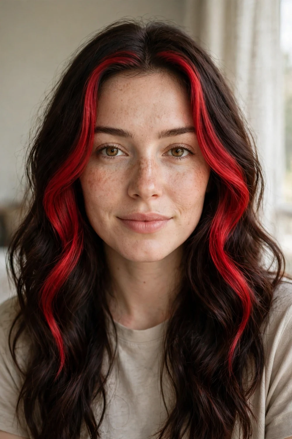 Long dark wavy hair with a bold cherry cola money piece framing the face
