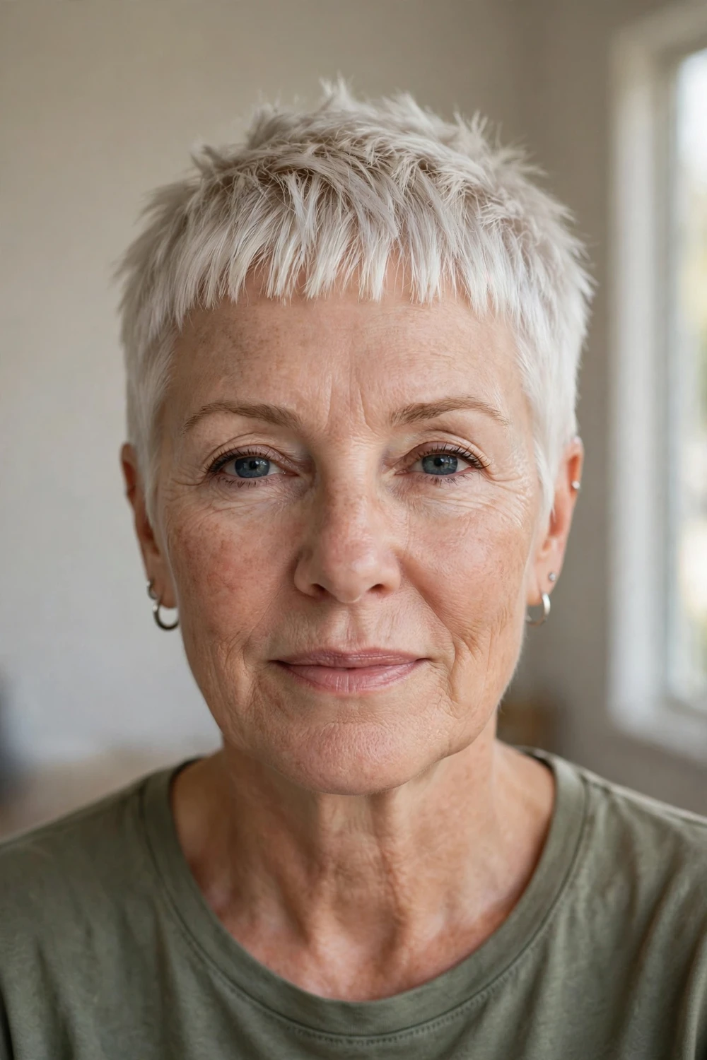 Woman over 50 with short micro bangs well above the brows on a platinum pixie