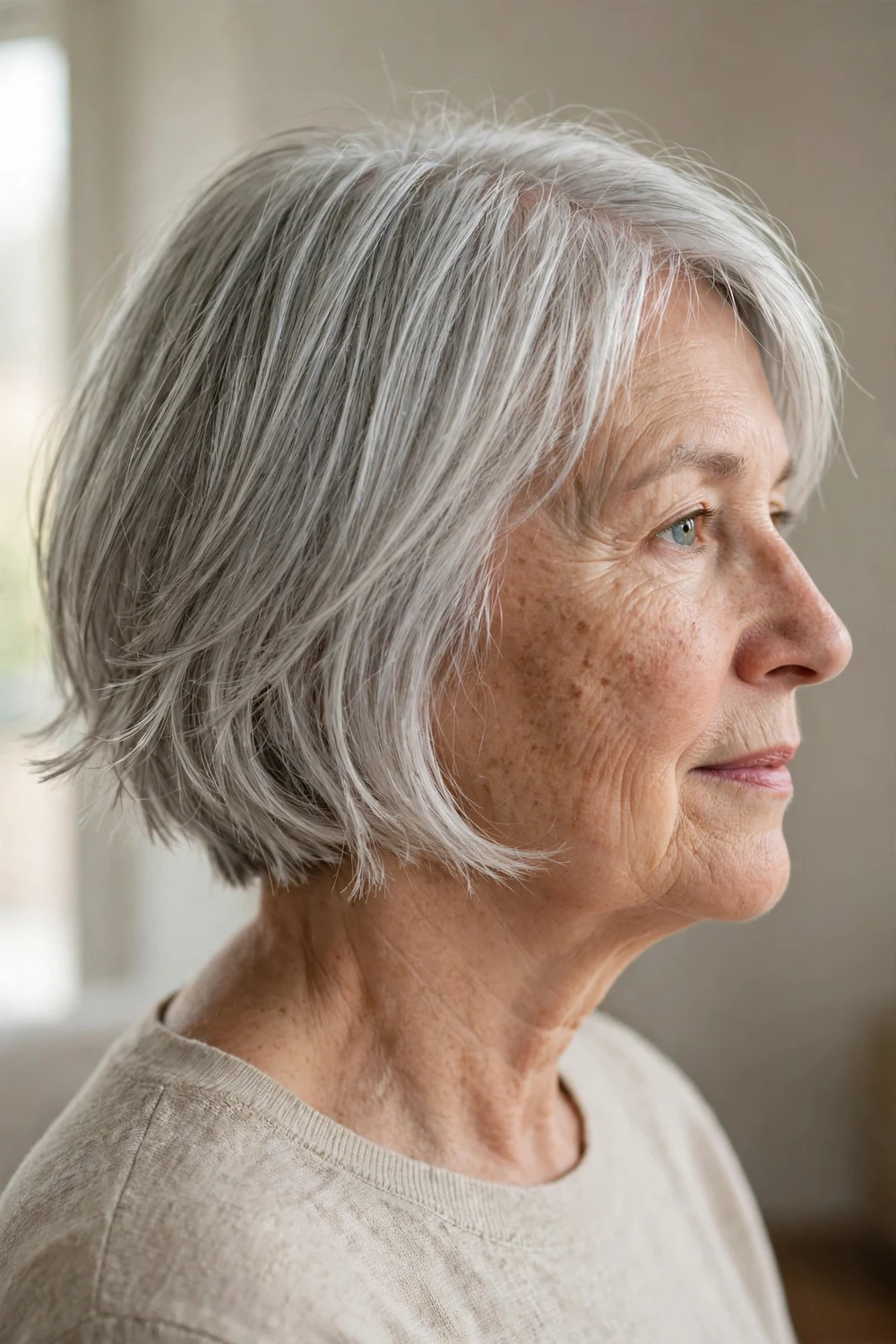 Razor-cut bob with wispy ends for thin hair and round face