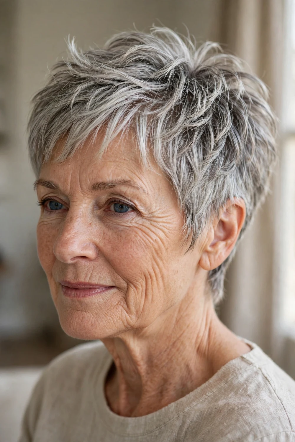 Silver balayage choppy pixie on fine hair, woman over 50