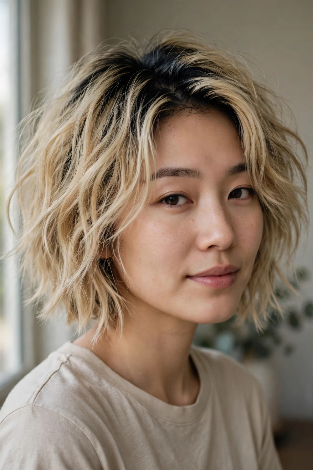 Tousled blonde balayage bob with dark roots