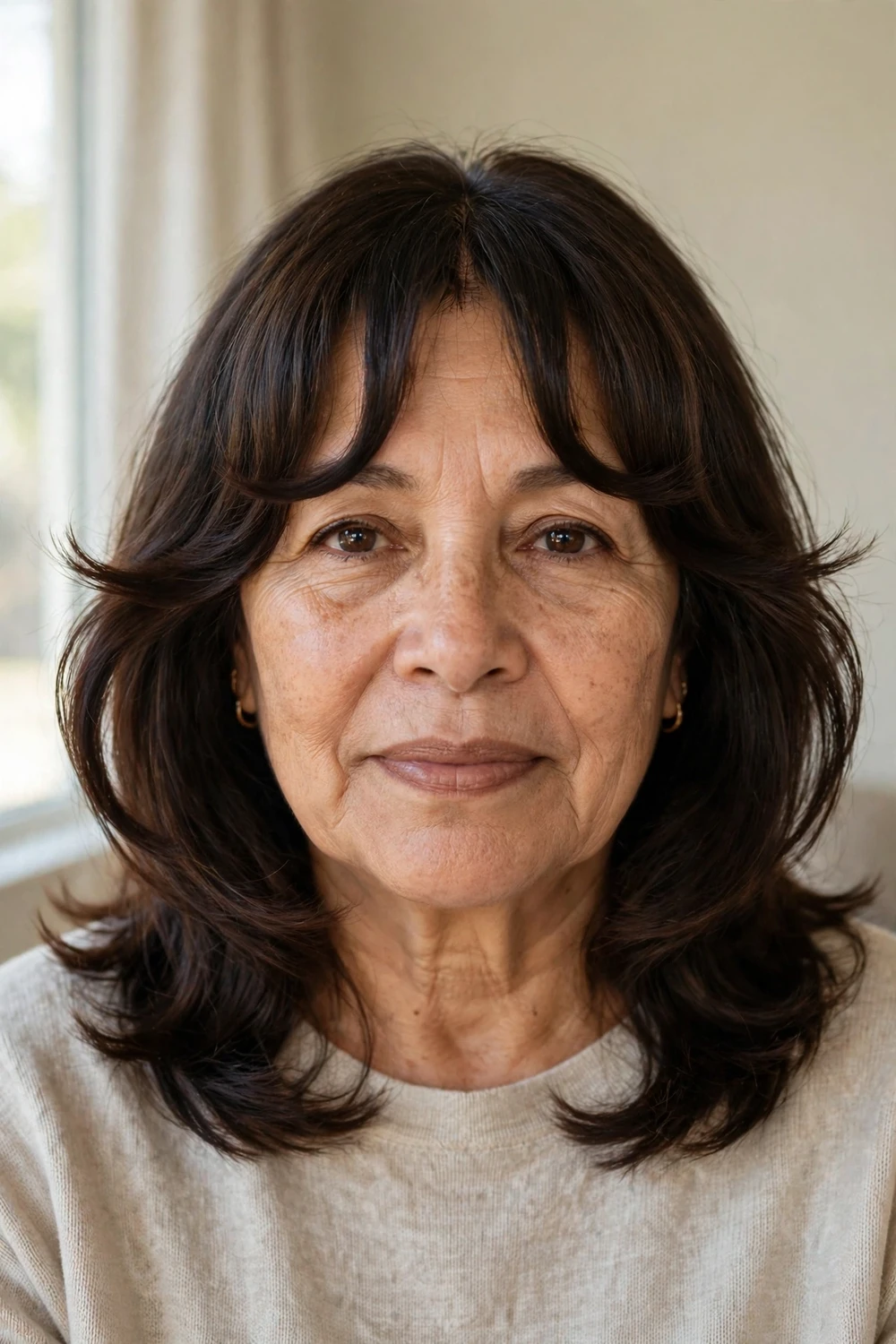 Woman over 50 with bottleneck bangs narrow at the center and curving around the cheeks