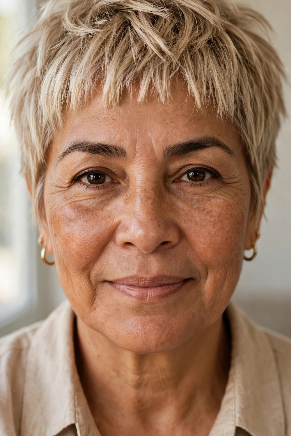 Champagne blonde choppy pixie with baby bangs on fine hair, woman over 50