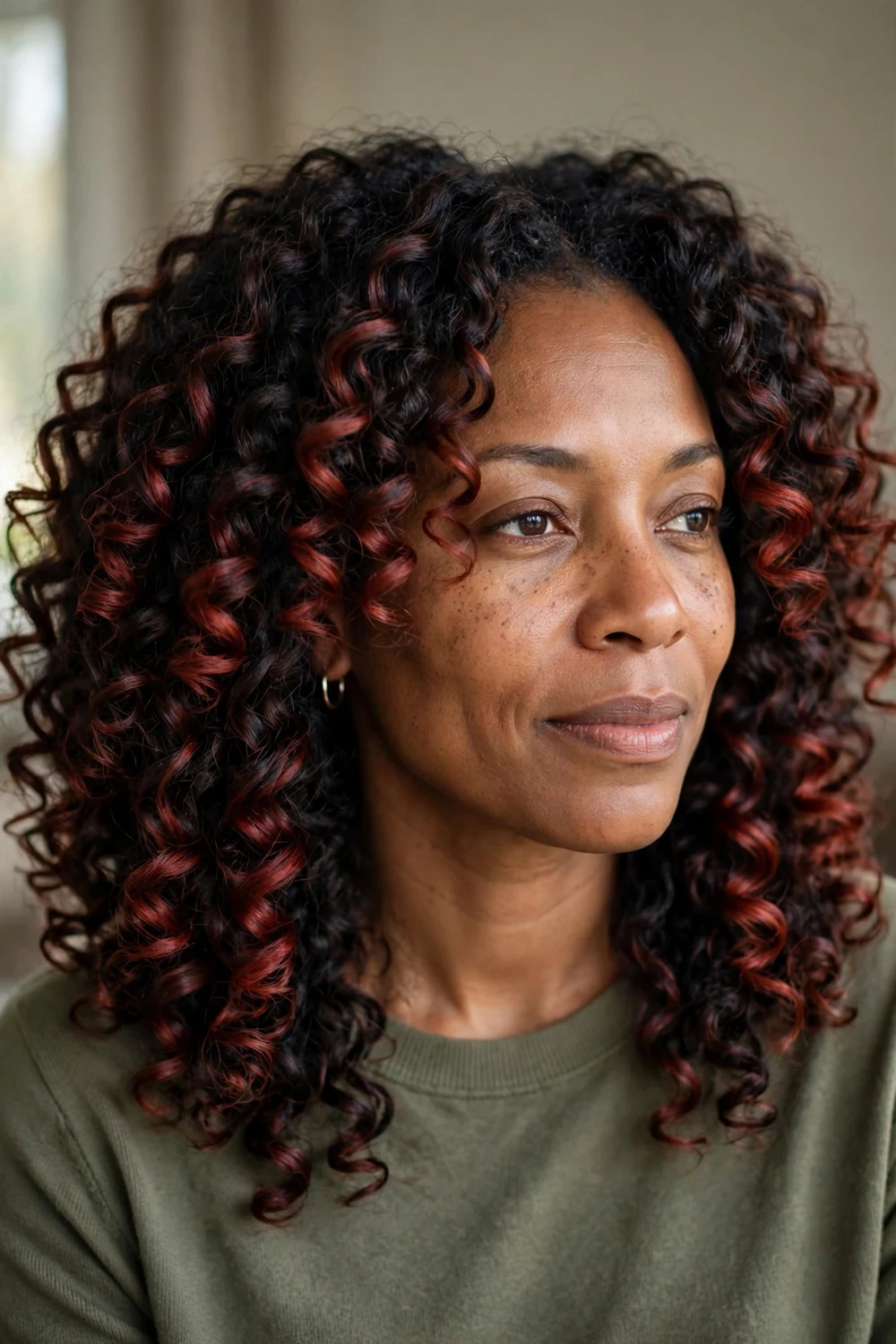 Voluminous natural dark curls with cherry cola balayage painted curl by curl