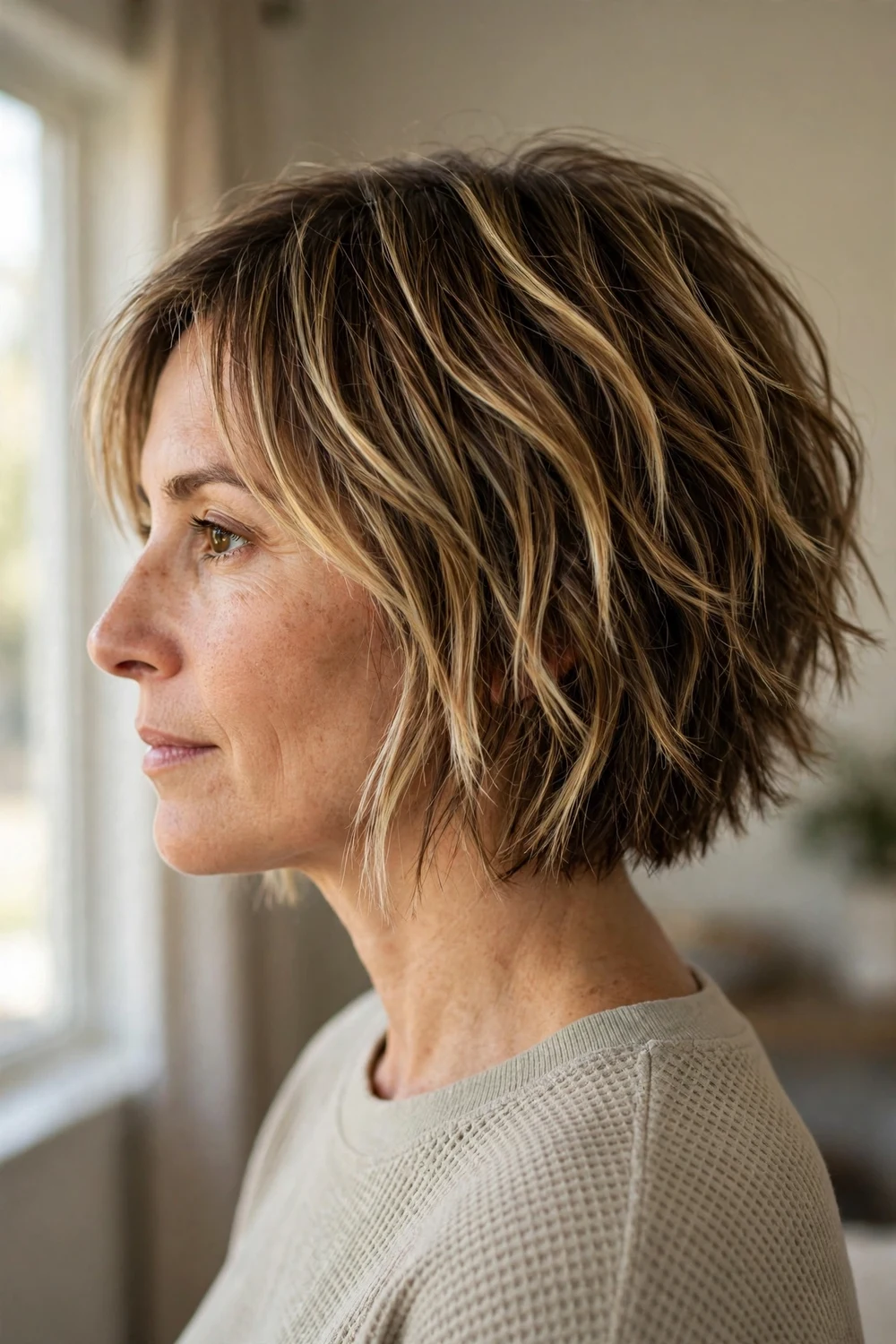 Choppy graduated bob with honey balayage