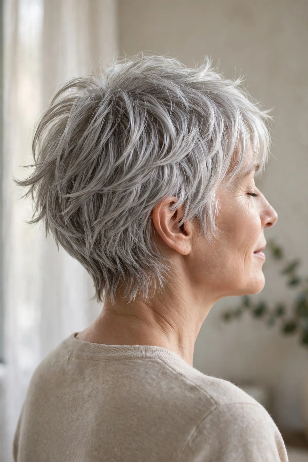 Woman with a feathered silver pixie cut with wispy feathered layers viewed from behind