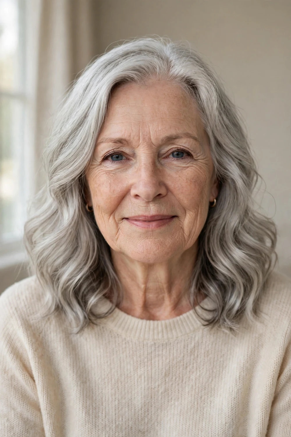 Relaxed shoulder-length silver waves with soft S-shaped texture