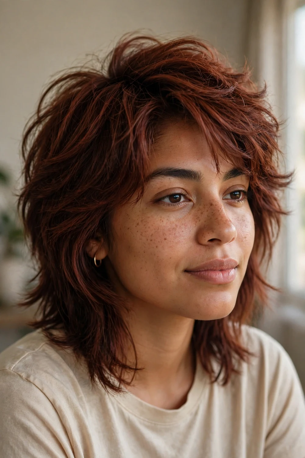 Young woman with reddish brown medium-length hair styled in a soft layered wolf cut with choppy layers