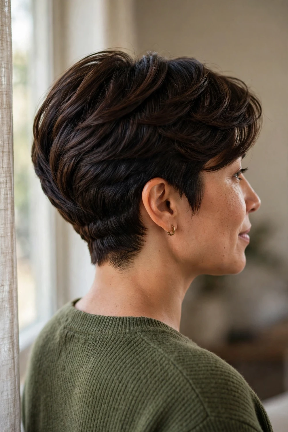 Woman with a brunette tapered pixie cut with a neat taper at the nape viewed from behind