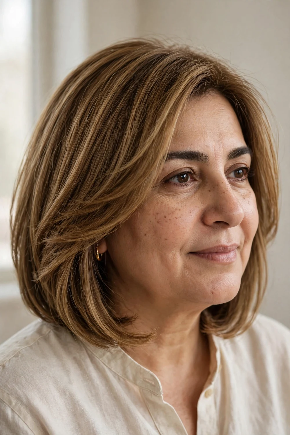 Layered bob with face-framing layers for thin hair and round face