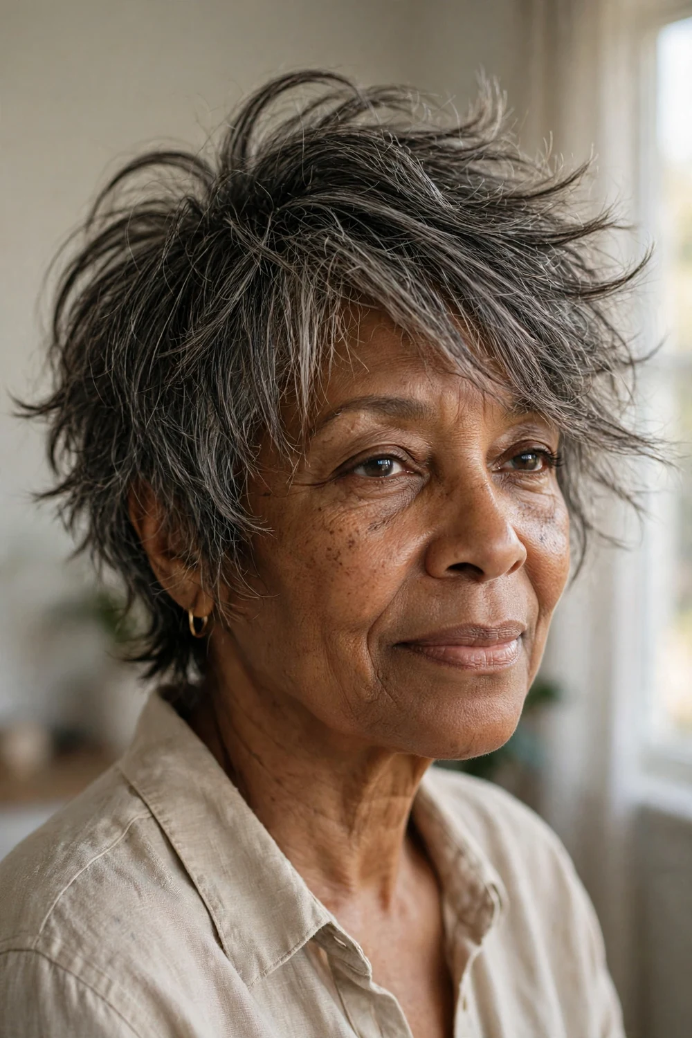Messy long choppy pixie with swept bangs on fine salt-and-pepper hair, woman over 50