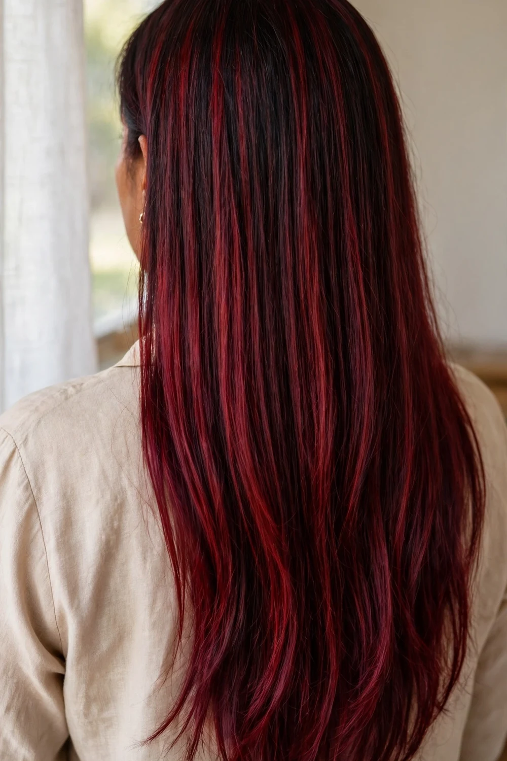 Long dark hair with rich wine-toned burgundy cherry cola balayage