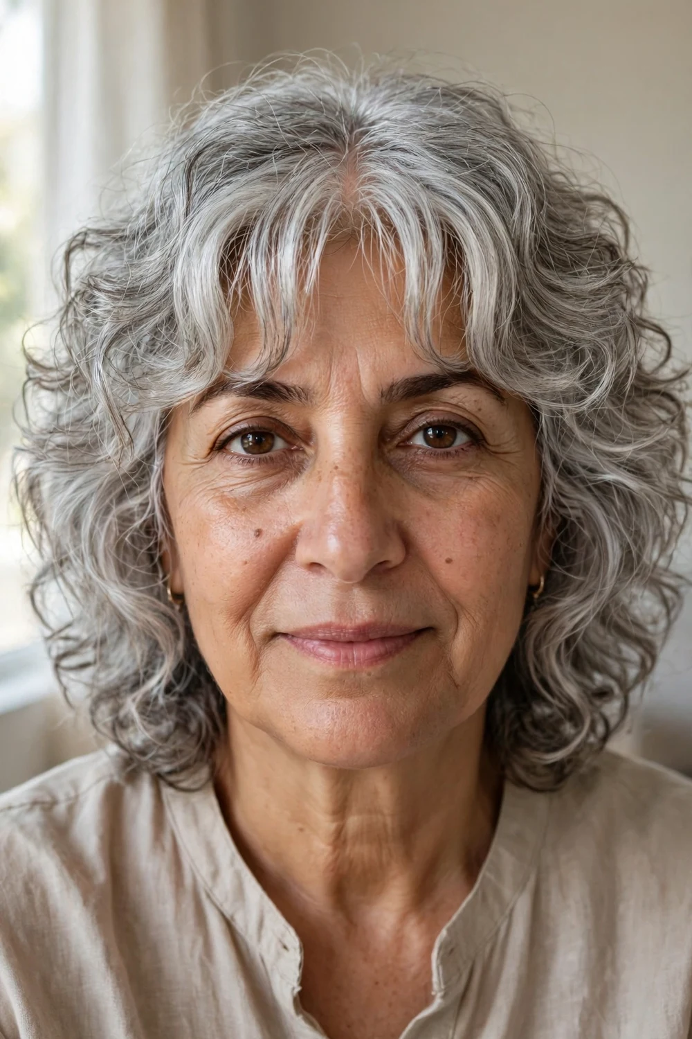 Silver curly shag with curtain bangs framing the face on a woman over 50
