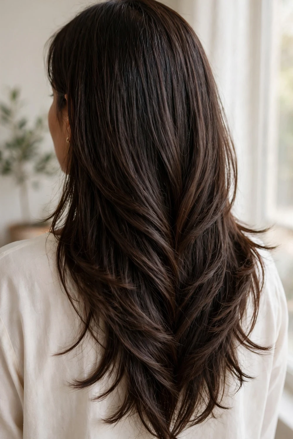 Back view of dark brown long hair styled in a V-cut with soft layered ends