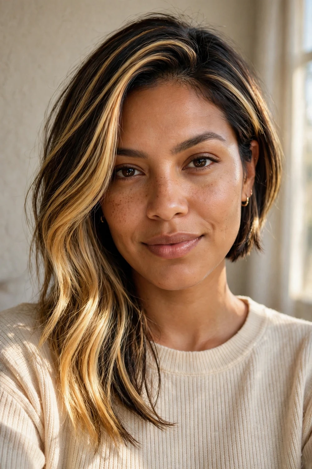 Asymmetrical bob with bold golden balayage highlights