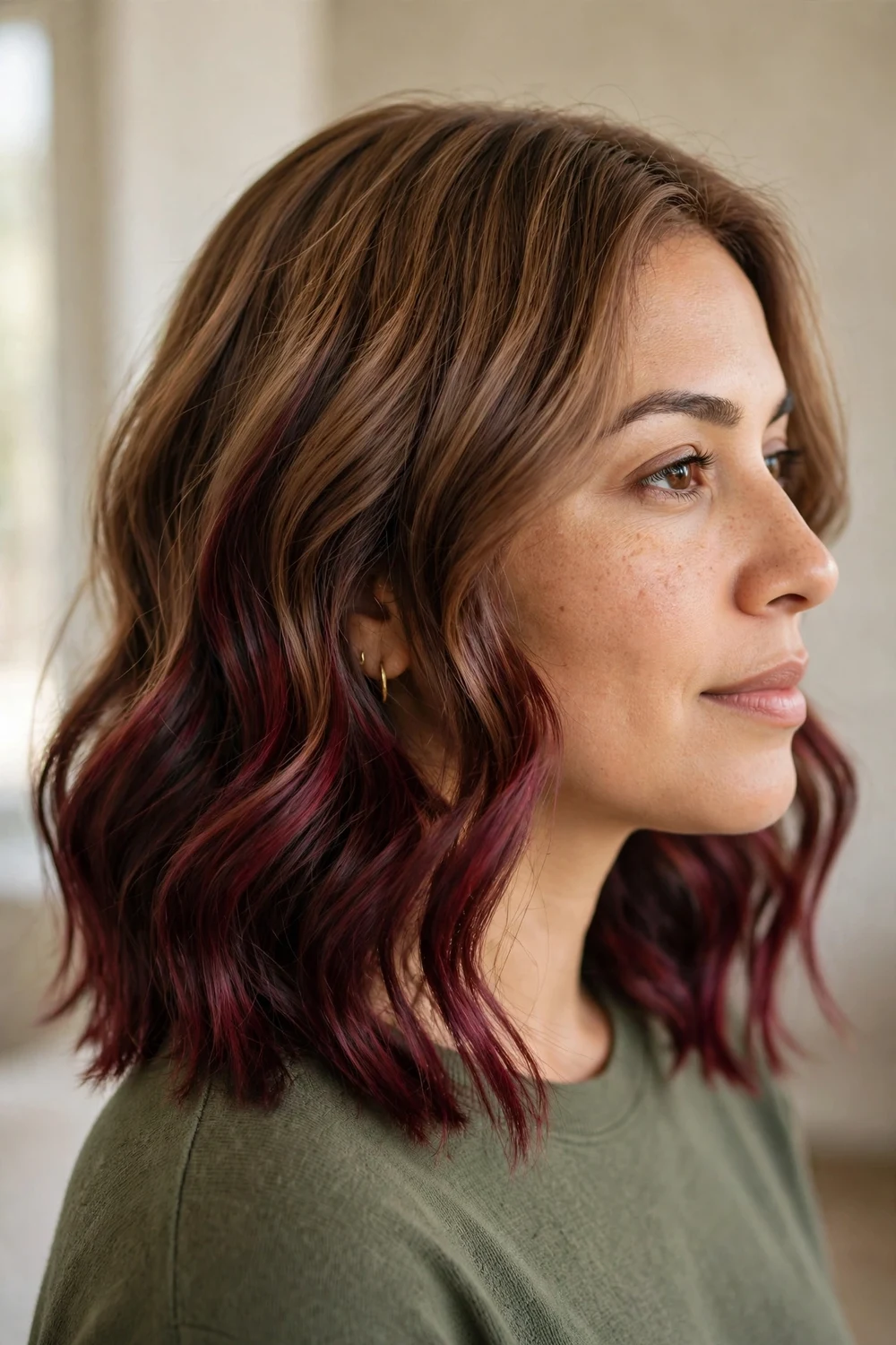 Medium wavy hair with deeper cherry tones added through mid-lengths on a lighter base