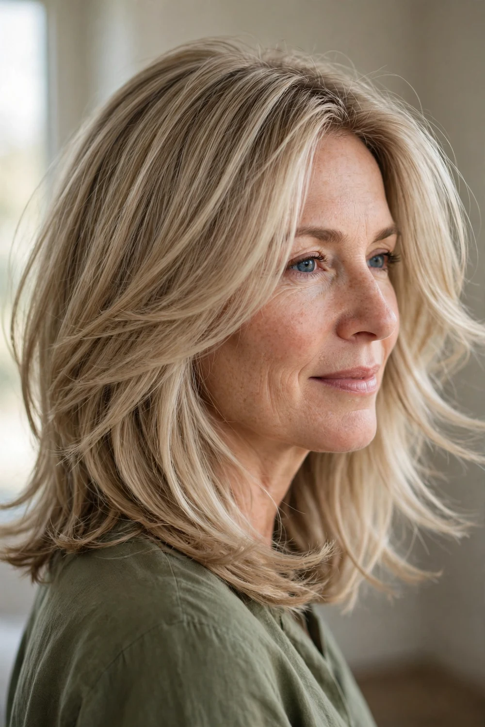 Woman with ash blonde medium-length hair styled with invisible soft layers and smooth natural volume