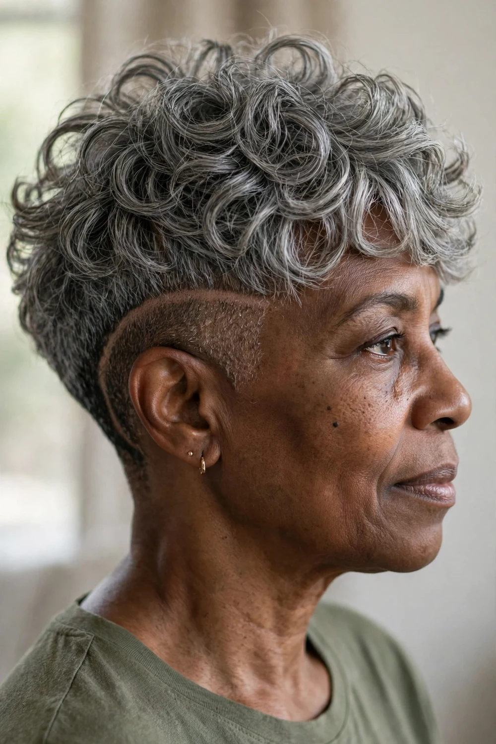 Short curly gray shag with an undercut reducing bulk on the sides