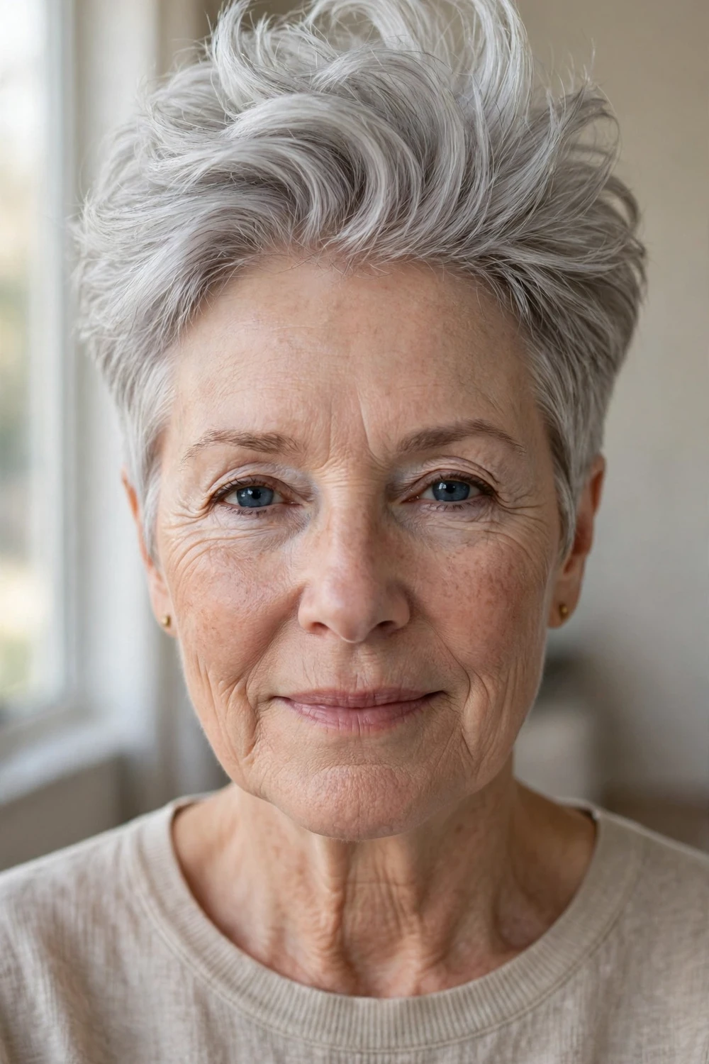 Woman with a silver pixie cut with visible lift and volume at the crown