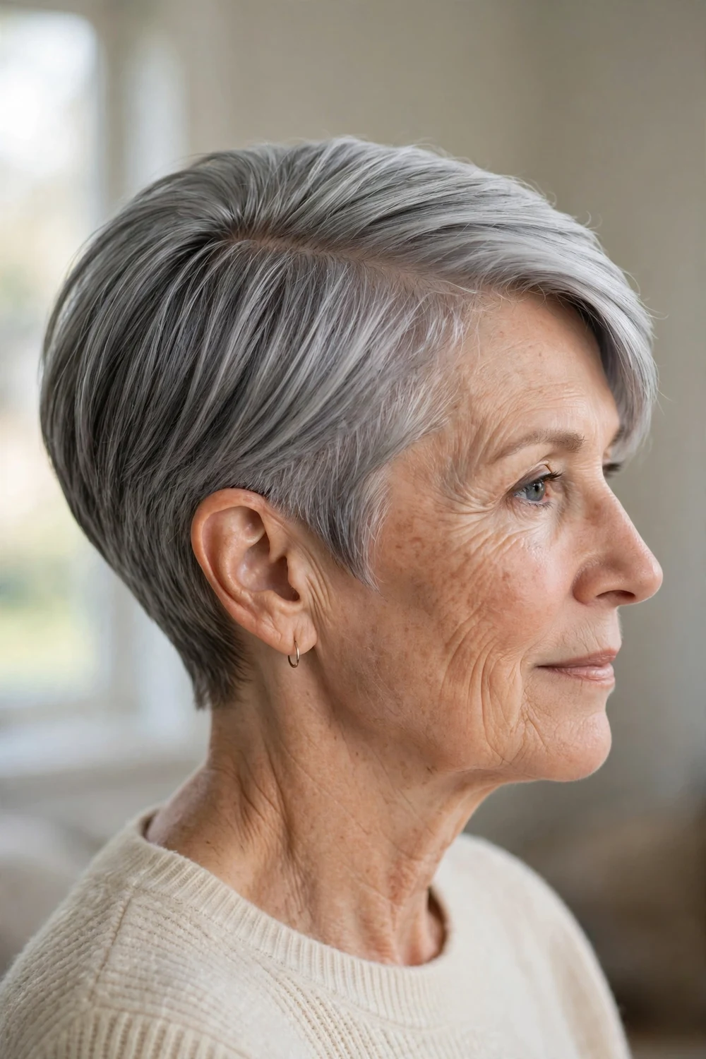 Sleek side-parted choppy pixie on fine gray hair, woman over 50