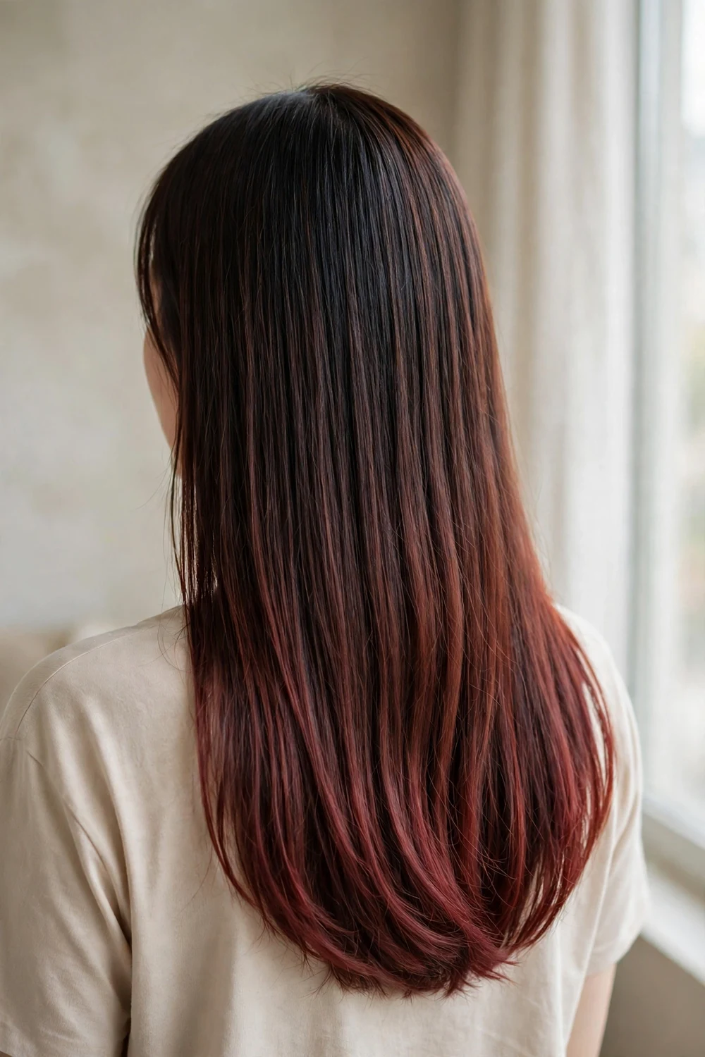 Long dark hair with a soft cherry sombre gradient melting into cherry ends
