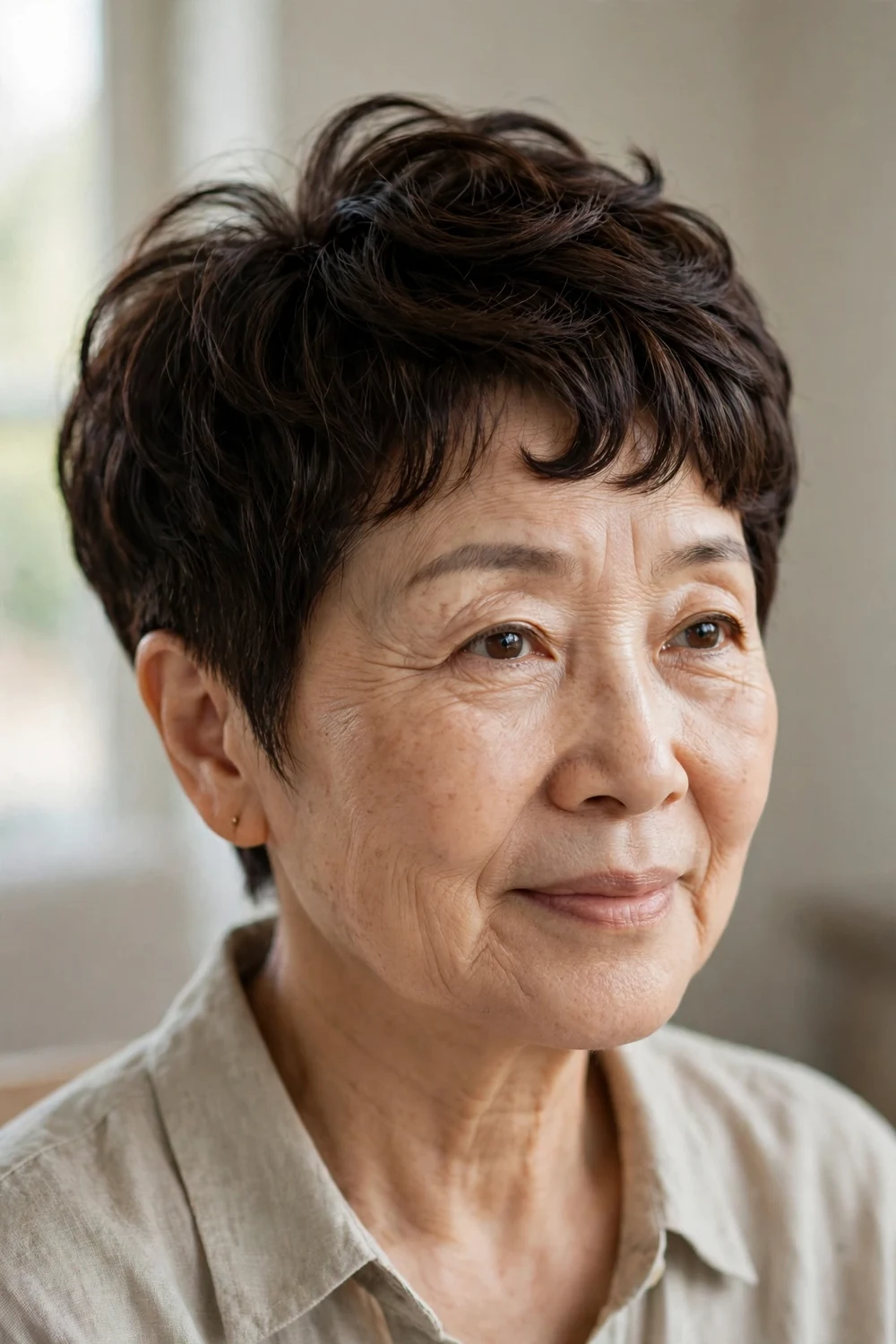 Curved top choppy pixie with defined texture on fine dark hair, woman over 50
