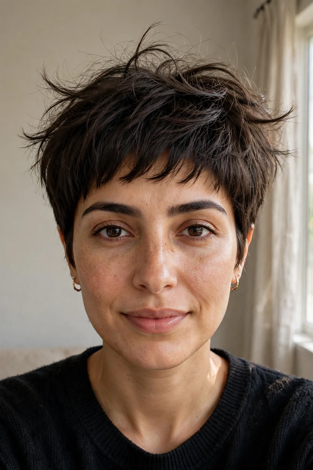 Woman with a razor-cut pixie with soft feathery ends and airy movement