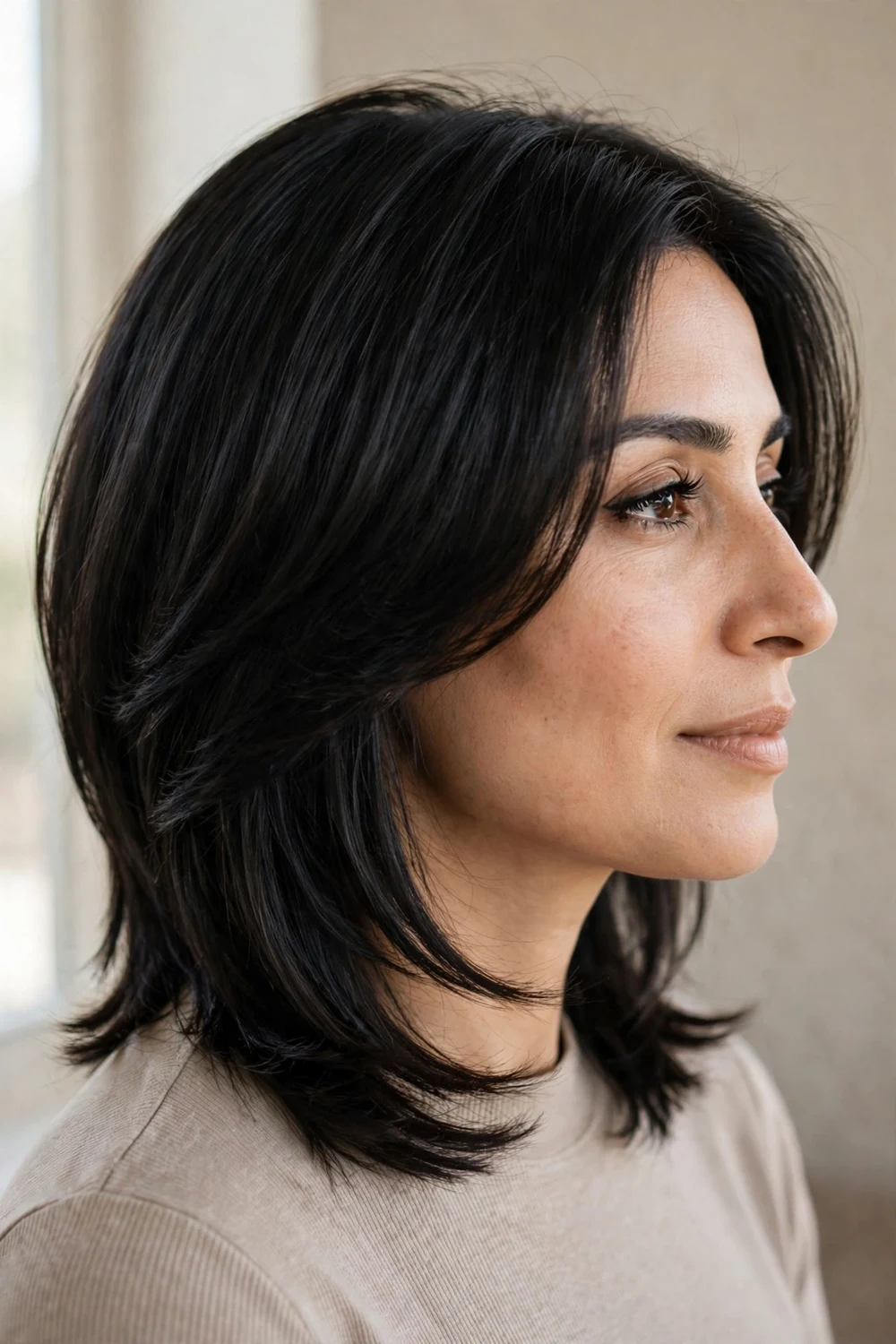 Woman with black medium-length hair styled in a tapered soft layered haircut with smooth sleek finish