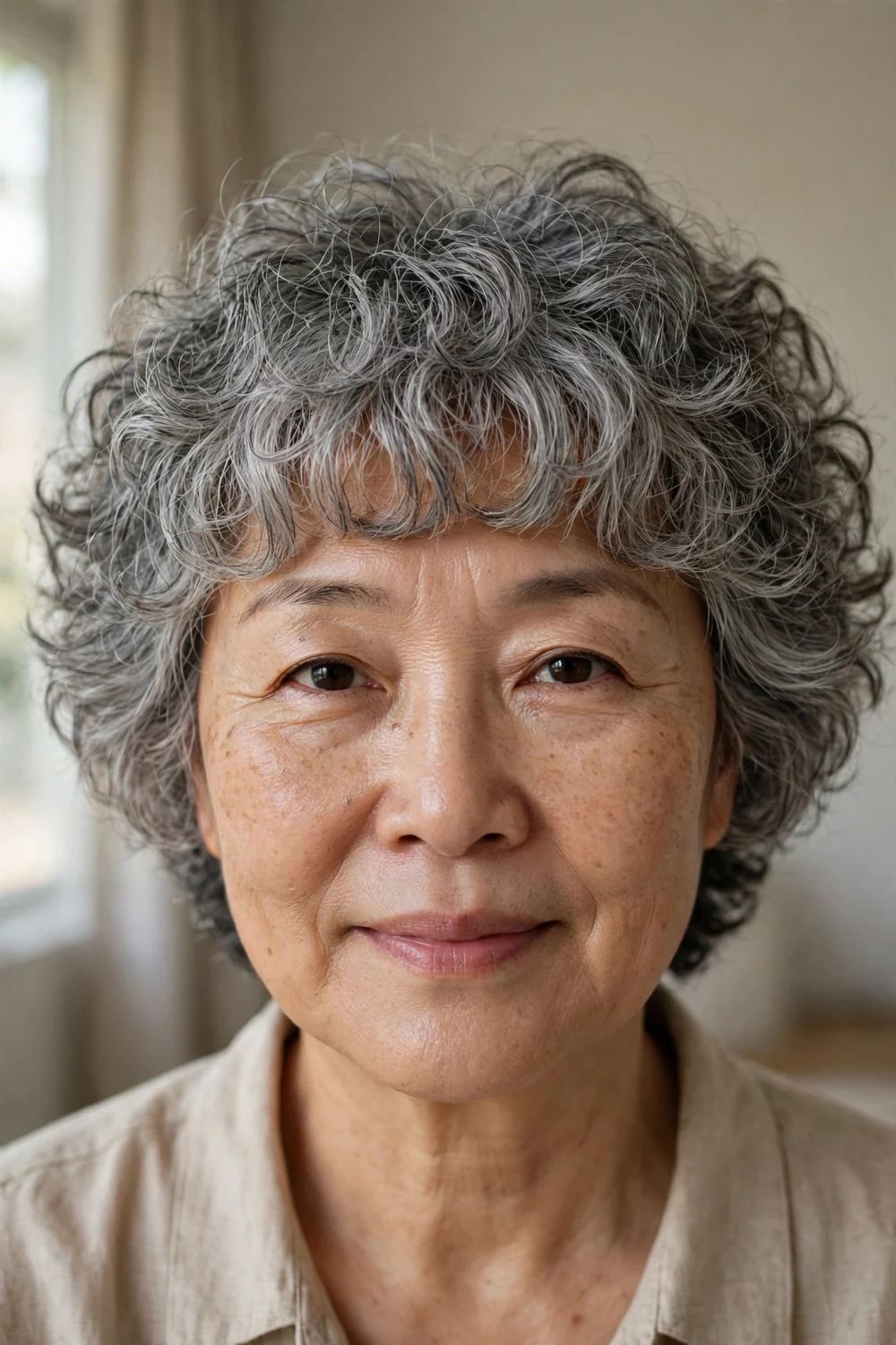 Gray curly shag with a full set of curly bangs above the glasses