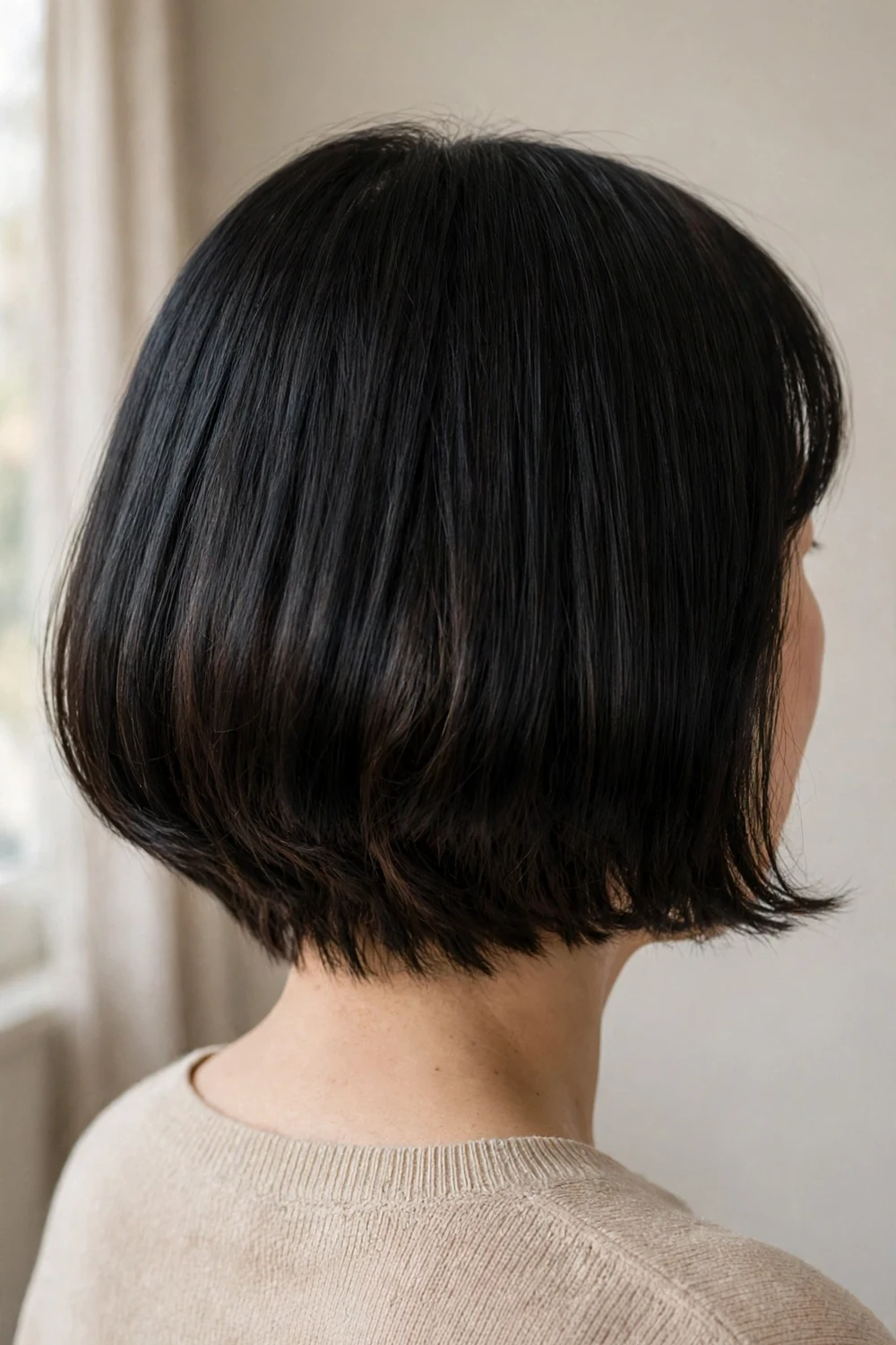 Back view of a black blunt bob haircut with hidden internal ghost layers