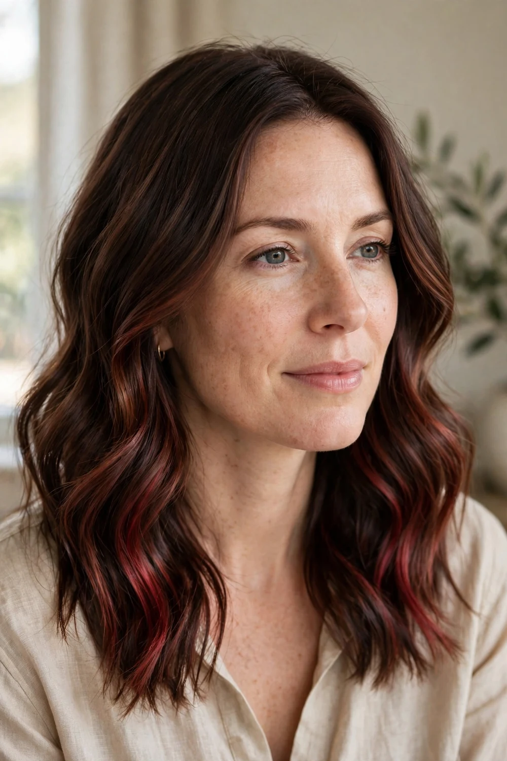 Chocolate brown wavy hair with cherry cola highlights through mid-lengths and ends