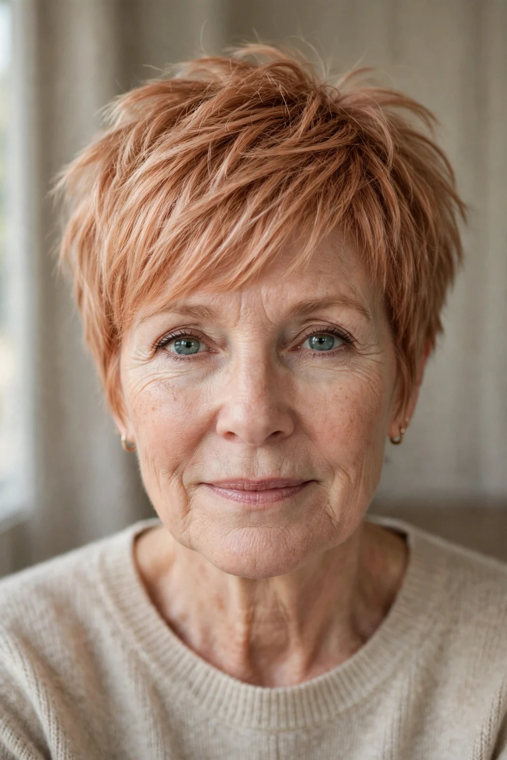 Light copper sweeping choppy pixie on fine hair, woman over 50
