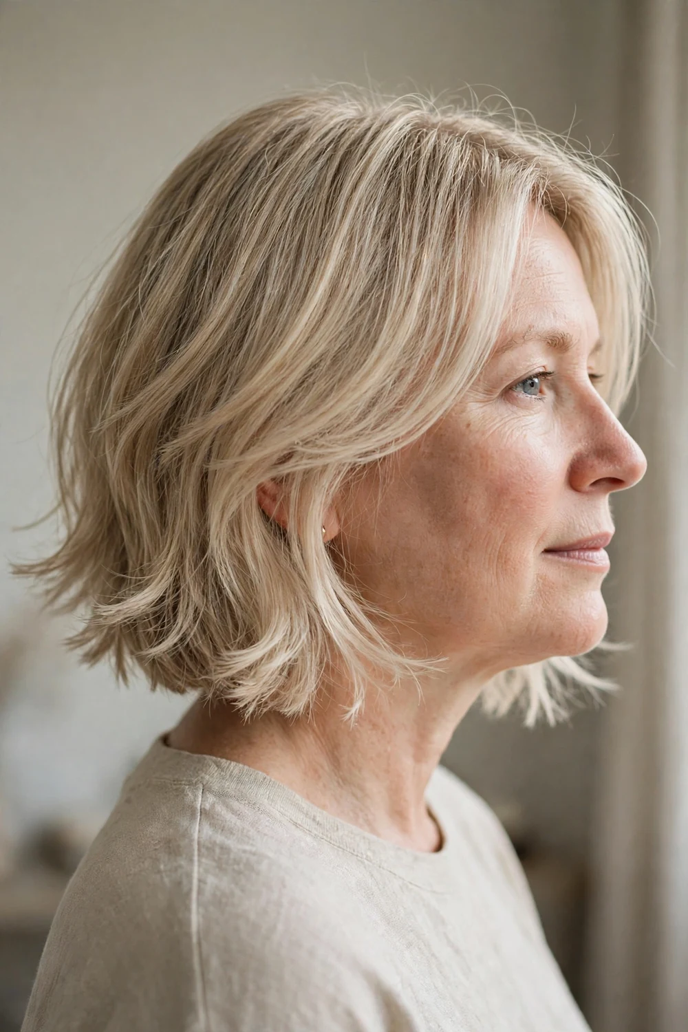 Feathered bob with flipped layers for thin hair and round face