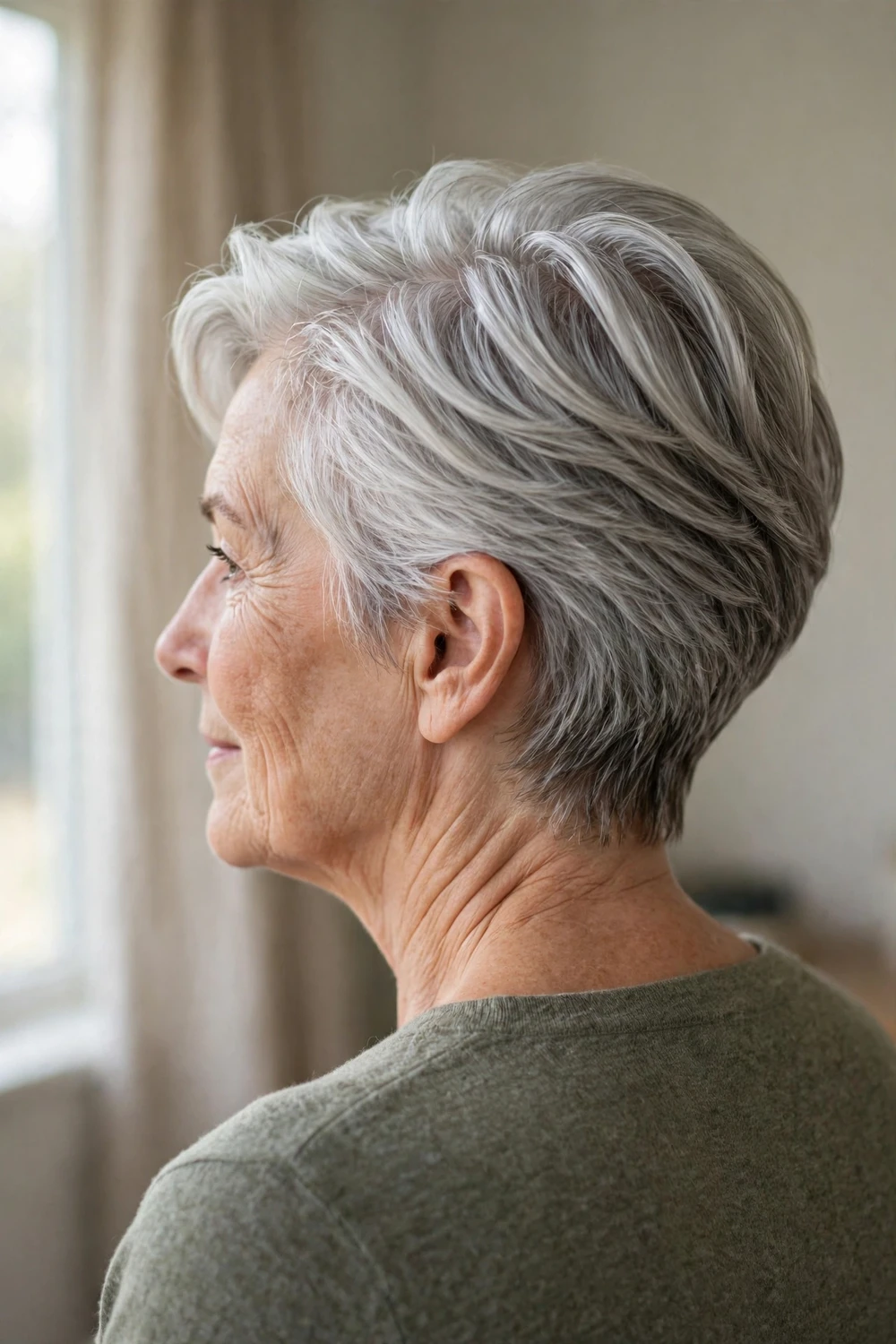 Woman with a swept-back silver pixie cut with longer layers swept back from the forehead