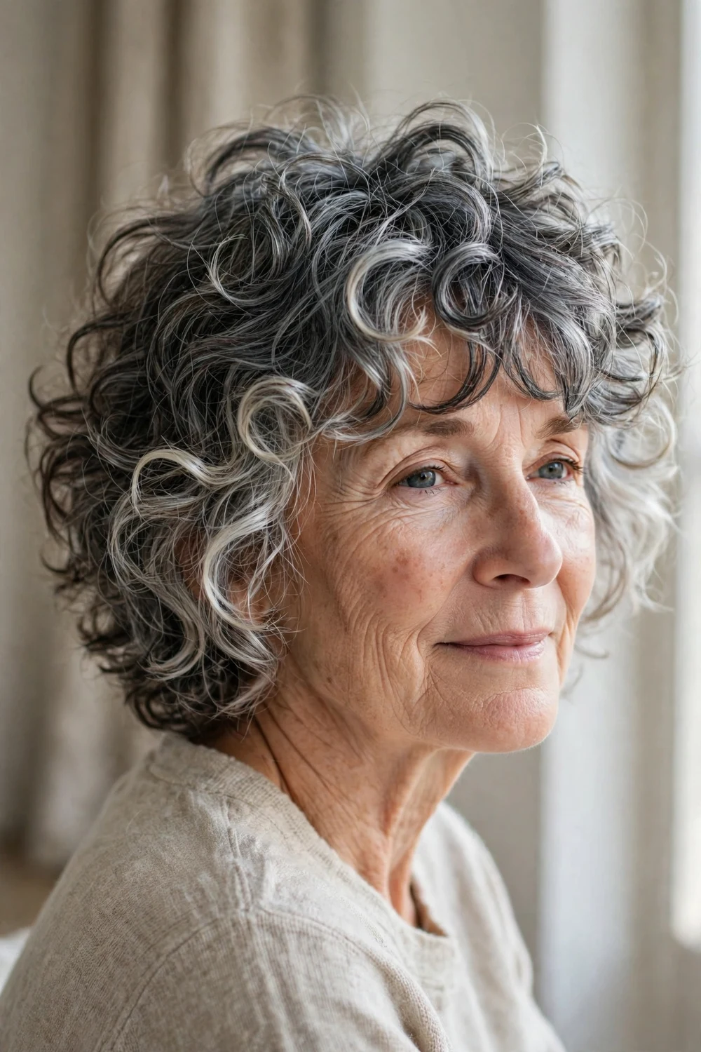 Tousled slate gray shag with charcoal and pearl tones and curly fringe