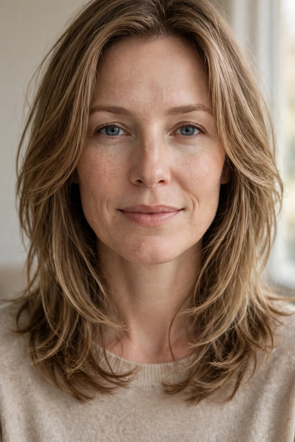 Woman with light brown collarbone-length hair styled in a wispy layered cut with airy ends
