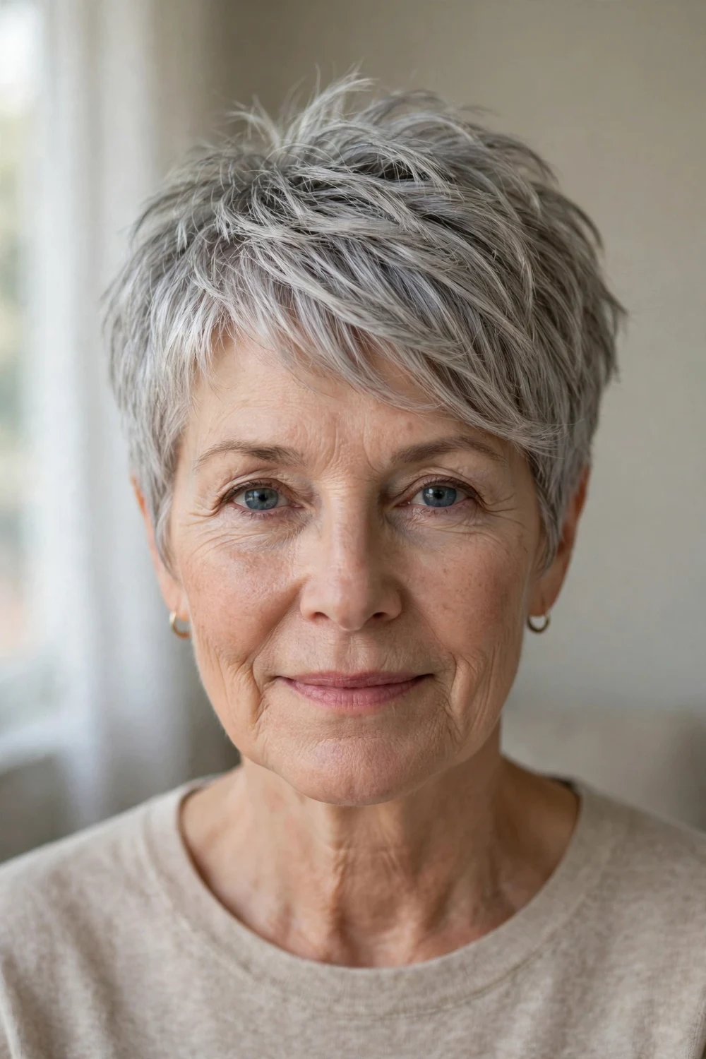 Ash-silver choppy pixie with feathered side fringe on fine hair, woman over 50