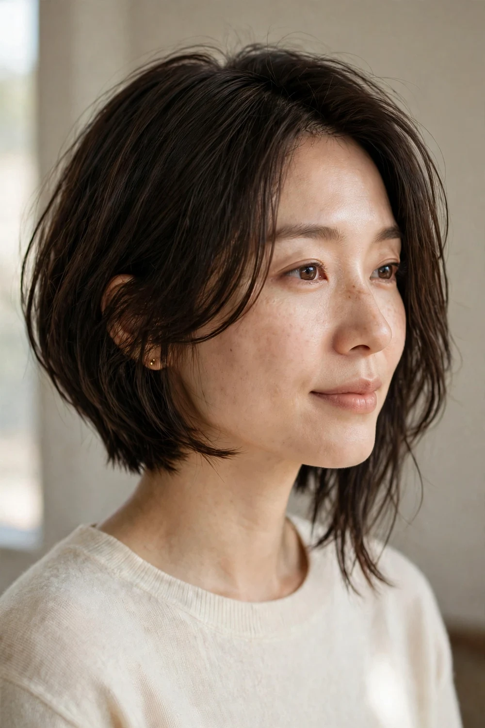 Young woman with dark brown chin-length hair styled in an asymmetrical layered bob with one side longer