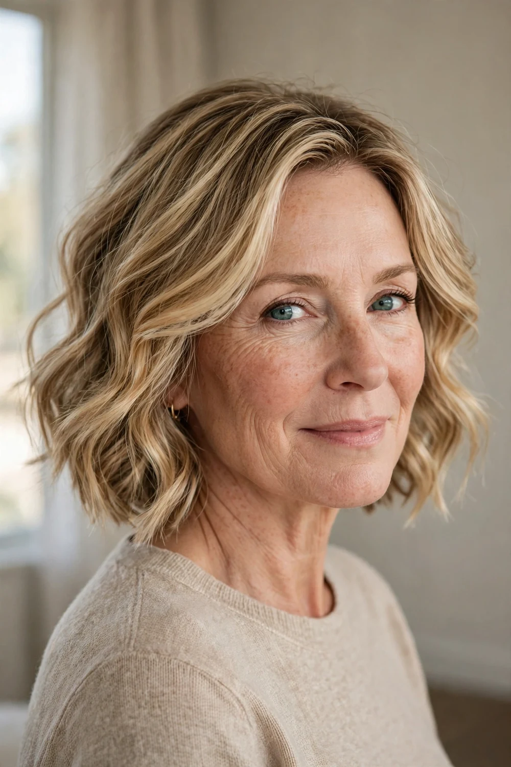 Golden balayage highlights on fine short hair with waves